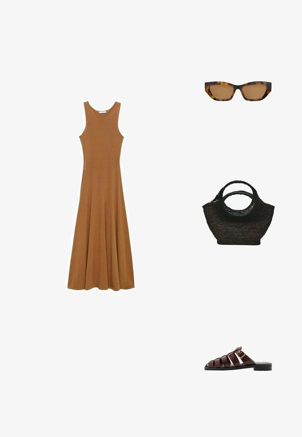 Brun ærmeløs maxikjole lavet af blødt stof, med en tætsiddende overdel og en flagrende nederdel. Enkel design uden synlige mønstre eller detaljer.; Mango Slip-on sandaler - brown; Rektangulære skildpaddemønstrede solbriller med let katteøjeformede brune tonede linser og en blank finish.; Sort vævet håndtaske med to runde håndtag, et større og et mindre, lavet af naturligt fibermateriale.