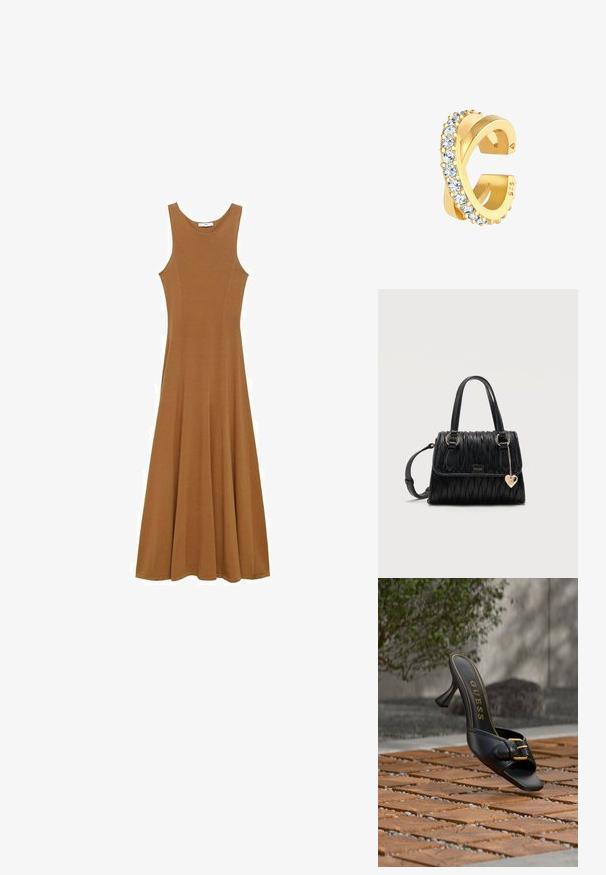 Robe longue sans manches marron en tissu doux, dotée d'un corsage ajusté et d'une jupe évasée. Design simple sans motifs ni accents visibles.; Mule noire à talon haut avec boucle dorée et logo "GUESS" à l'intérieur, posée sur un sol carrelé extérieur texturé avec un arrière-plan flou de verdure.; Sac à main en cuir noir texturé avec doubles poignées, anneaux dorés, plaque logo Hugo, bandoulière réglable et breloque en forme de cœur doré.; Boucle d'oreille en tonalité or avec un design en spirale, présentant une rangée de cristaux clairs le long d'un bord. Marquée "925" indiquant de l'argent sterling.