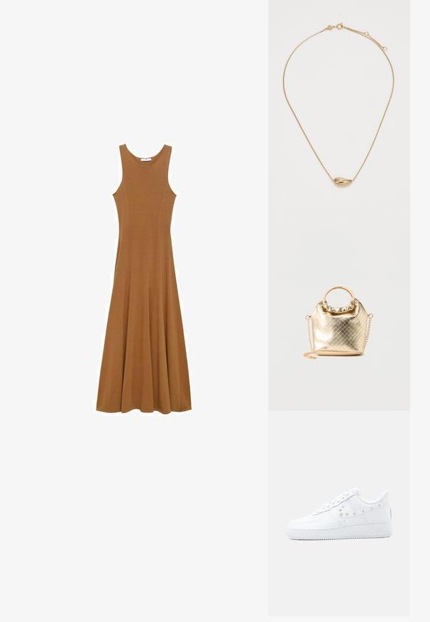 Robe longue sans manches marron en tissu doux, dotée d'un corsage ajusté et d'une jupe évasée. Design simple sans motifs ni accents visibles.; Baskets blanches Nike Air Force 1 avec détail Swoosh clouté et semelle épaisse, présentées sur un fond uni gris clair.; Petit sac à main matelassé en métal doré avec poignée anneau et bandoulière chaîne dorée amovible sur un fond uni.; Collier en pendentif en or avec un design incurvé en forme de coquillage, attaché à une chaîne fine et délicate. Dispose d'un fermoir à homard pour la fermeture.