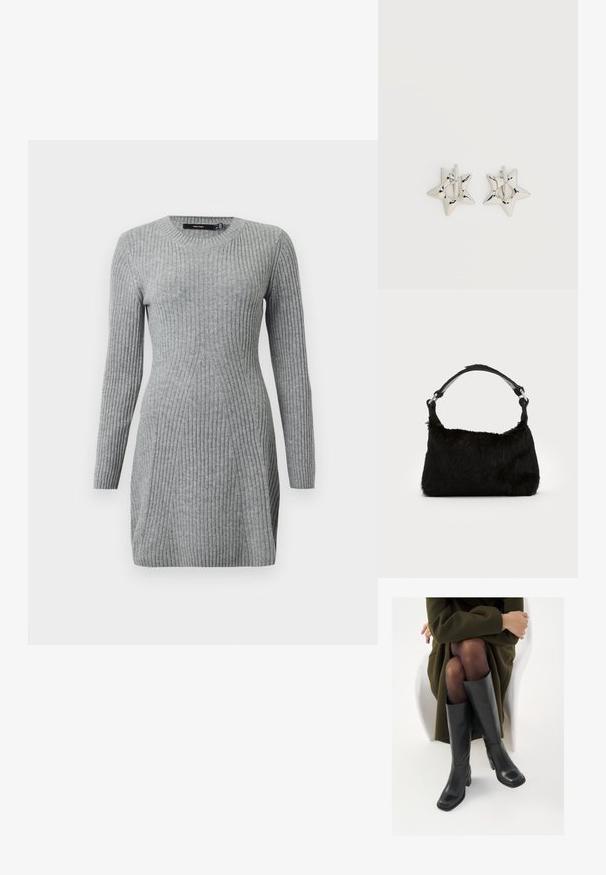 Robe grise en tricot côtelé avec des manches longues et un col rond. Présente un design ajusté et des lignes verticales pour la texture. Tissu doux.; Bottes en cuir noires arrivant au genou, avec un bout carré et un talon carré, présentées sur un modèle assis dans un manteau vert olive. Texture lisse, détails minimaux.; Sac à main en fausse fourrure noire avec une texture douce, une forme arrondie et une bandoulière en cuir noir robuste. Accent en métal argenté visible.; Boucles d’oreilles créoles en forme d’étoile argentée avec une finition lisse et polie sur un fond blanc uni.