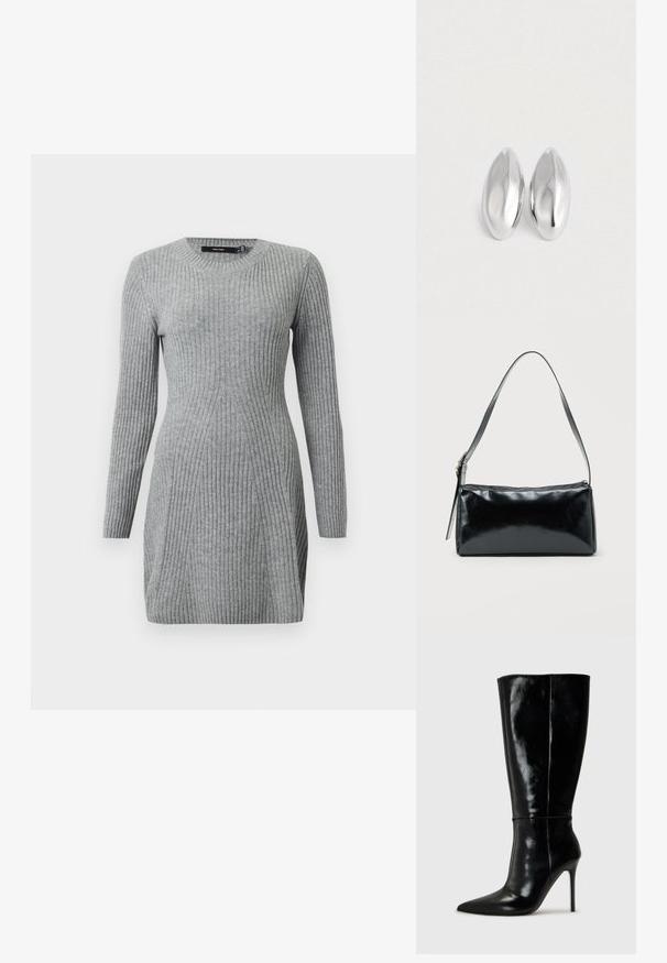 Robe grise en tricot côtelé avec des manches longues et un col rond. Présente un design ajusté et des lignes verticales pour la texture. Tissu doux.; Bottes noires en cuir, hautes jusqu'au genou, avec un bout pointu et un talon aiguille haut. Texture lisse et design épuré, avec un minimum de détails.; Sac d'épaule rectangulaire noir avec une sangle réglable unique et une fermeture éclair supérieure sur un fond uni.; Paire d'objets ovales en argent luisant et lisse disposés côte à côte sur un fond blanc uni.