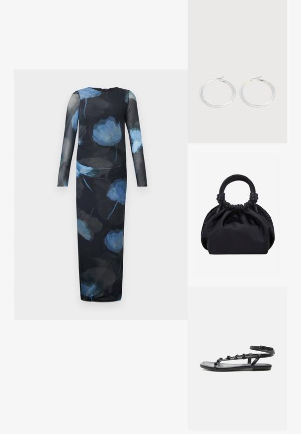 Robe à manches longues en tissu noir transparent avec un motif floral bleu. Coupe ajustée avec une taille froncée et une silhouette droite jusqu'à la cheville.; Sandale plate noire avec bride à la cheville et petites décorations florales sur de fines brides devant, vue de côté sur fond blanc.; Sac à main en tissu noir doux avec dessus froncé et poignées arrondies nouées à la base, sur un fond clair uni.; Paire de boucles d'oreilles créoles argentées brillantes avec fermoirs en fil fin, présentée sur un fond gris clair.