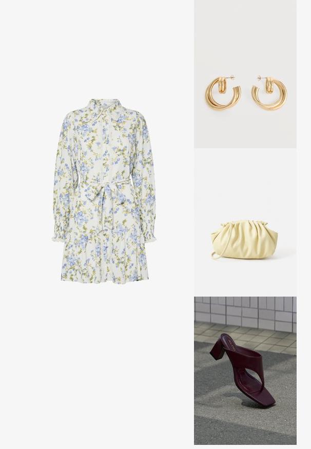 Robe florale blanche avec des fleurs bleues et vertes, dotée d'un col, d'une fermeture à boutons sur le devant, de manches longues avec des poignets élastiques et d'une ceinture à la taille.; Sandale à talon haut rouge foncé avec un bout carré et une large bride, positionnée sur un fond de surface carrelée et asphaltée.; Sac à main plissé jaune en simili cuir lisse, arborant une forme douce avec une bandoulière unique et un design froncé sur le dessus.; Paire de boucles d'oreilles créoles doubles en or brillant avec attaches à tige sur fond blanc.