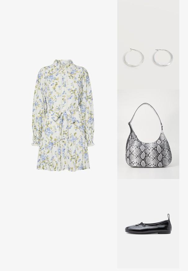 Robe florale blanche avec des fleurs bleues et vertes, dotée d'un col, d'une fermeture à boutons sur le devant, de manches longues avec des poignets élastiques et d'une ceinture à la taille.; Ballerine en cuir verni noir avec un bout rond, un petit nœud décoratif et une texture lisse ; présente une semelle plate basse et une languette au talon.; Sac à épaule en simili cuir noir et blanc avec imprimé serpent, de forme arrondie, texture lisse et bandoulière incurvée. Présente un accent en matériel argenté.; Boucles d’oreilles créoles en métal argenté avec une surface lisse légèrement incurvée et des fermoirs à clapet sur un fond blanc uni.