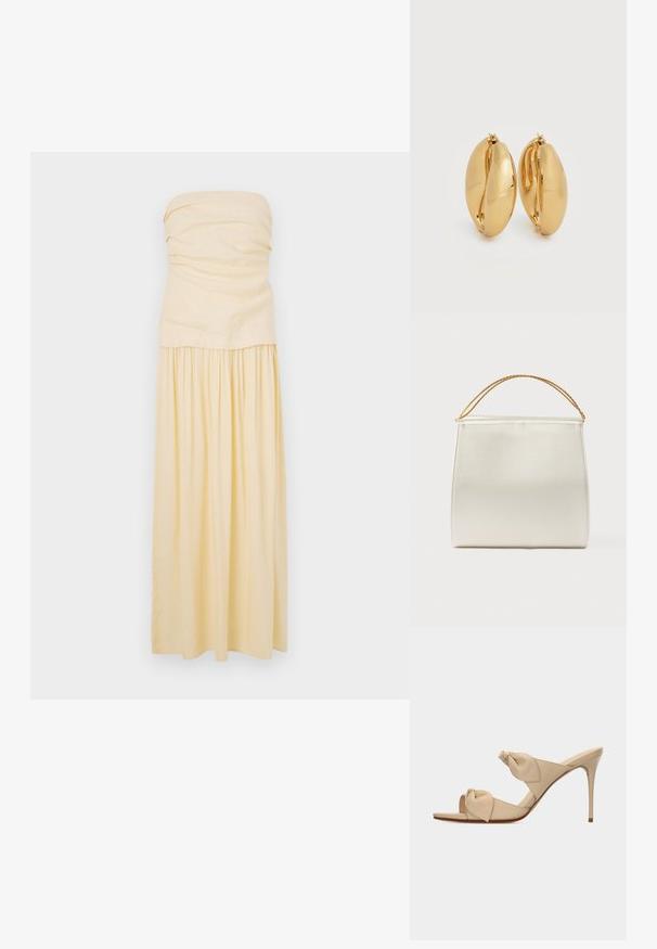 Stribefri, gulvlængde kjole i lys gul bomuld. Samlet bodice med plisseret nederdel for en blød drapering. Glat tekstur og minimalistisk design.; Beige åben tå højhælet mule-sandal med to snoede knudestrimler og en slank stilet-hæl på hvid baggrund.; Struktureret taske i satinfinish, cremefarvet, med en kæde til skulderrem. Har en flad, glat tekstur og rene syninger.; Par af polerede øreringe i guldton med tykke hoops, en let oval, chunky form og hængsel låse på hvid baggrund.
