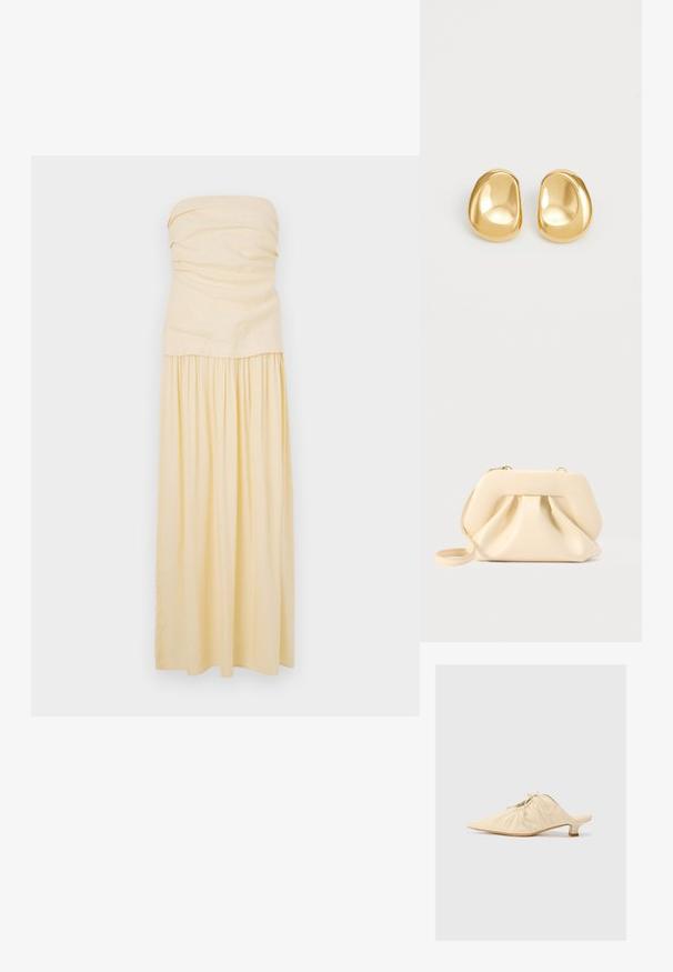 Robe sans bretelles, longueur sol en coton jaune clair. Corsage froncé avec jupe plissée pour un tombé doux. Texture lisse et design minimal.; Chaussure en cuir couleur crème à enfiler avec un bout pointu, des détails froncés à l'avant et un petit talon carré.; Pochette en cuir souple beige avec cadre structuré et détail plissé à l'avant, équipée d'une fine bandoulière pour poignet et d'une fermeture éclair dorée.; Boucles d'oreilles en forme de clou de couleur or, avec une forme lisse et arrondie et une surface réfléchissante, mettant en avant un design minimaliste sans motifs visibles.