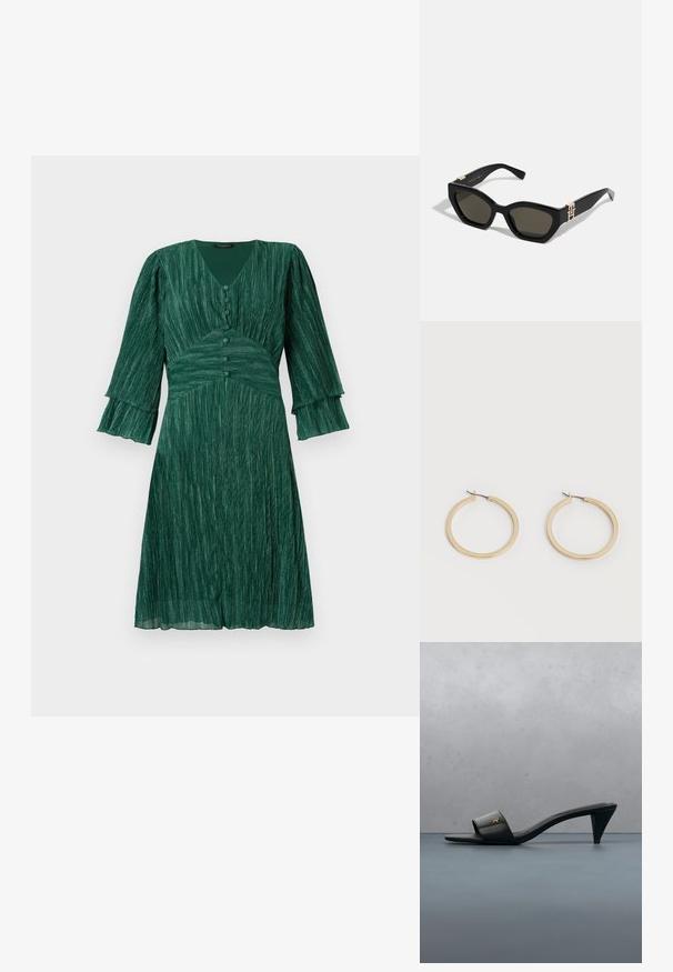 Groen geplooid jurk met een V-hals, drie-knoopsluiting en uitlopende mouwen. Gemaakt van een gestructureerd materiaal, heeft het een fitted taille en een vloeiende rok.; Zwarte leren open-teen sandaal met hak en een gouden logo op het bandje, zwevend boven een betegeld buitenoppervlak met groen op de achtergrond.; Tommy Hilfiger Zonnebril - black; Een paar gladde goudkleurige middelgrote creooloorbellen met scharniersluitingen op een effen lichte achtergrond.