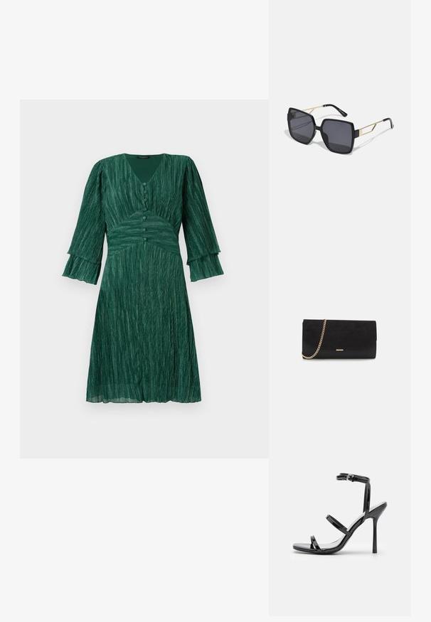 Vestido verde con pliegues, escote en V, cierre de tres botones y mangas acampanadas. Hecho de un material texturizado, tiene una cintura ajustada y una falda fluida.; Sandalias de tacón alto de charol negro con tres tiras horizontales y una correa en el tobillo ajustable. Silueta elegante y acabado brillante.; Anna Field by Zalando Gafas de sol - black; Bolso de mano negro hecho de ante con un acabado texturizado, que presenta una cadena dorada y un diseño elegante y angular.