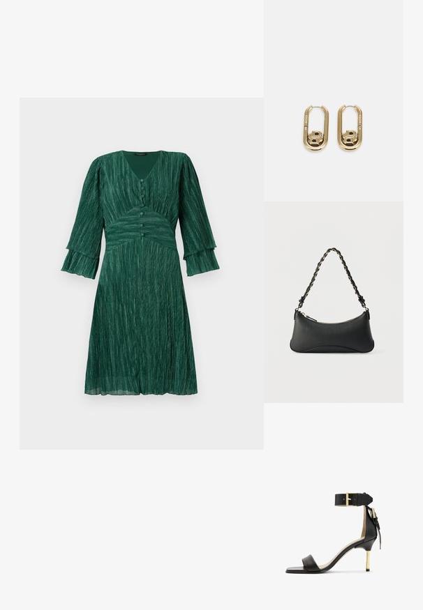 Grünes, plissiertes Kleid mit V-Ausschnitt, dreiknöpfigem Verschluss und weit ausgestellten Ärmeln. Hergestellt aus einem strukturierten Material, hat es eine taillierte Taille und einen fließenden Rock.; Schwarze Leder-Absatzsandale mit quadrater Zehenform, Fesselriemen mit einer goldenen Schnalle und einem schlanken, metallischen Absatz. Glatte Textur, minimalistisches Design.; Schwarze Lederschultertasche mit gewölbter rechteckiger Form, goldener Kette, die in den geflochtenen schwarzen Riemen eingewebt ist, und Reißverschlussverschluss oben.; BOSS DOUBLE B SWING - Ohrringe - gold-coloured