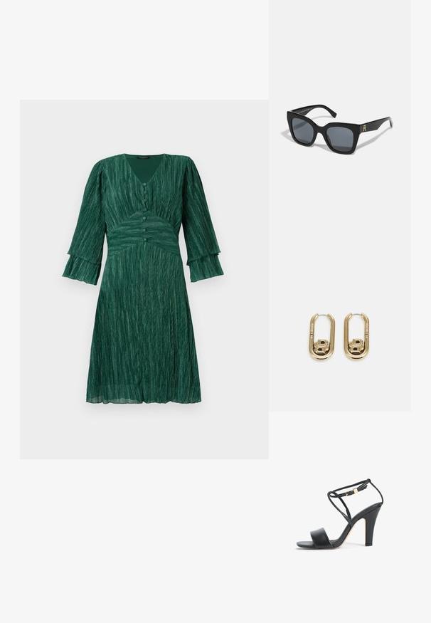 Groen geplooid jurk met een V-hals, drie-knoopsluiting en uitlopende mouwen. Gemaakt van een gestructureerd materiaal, heeft het een fitted taille en een vloeiende rok.; Zwarte high-heeled sandaal met dunne enkelband, gouden gesp, open teen en blokhak, gezien van opzij tegen een witte achtergrond.; Zwarte zonnebril met een gedurfde vierkante vorm, voorzien van donkere lenzen en een gouden logo-accent op één arm. Gemaakt van glanzend kunststofmateriaal.; BOSS DOUBLE B SWING - Oorbellen - gold-coloured