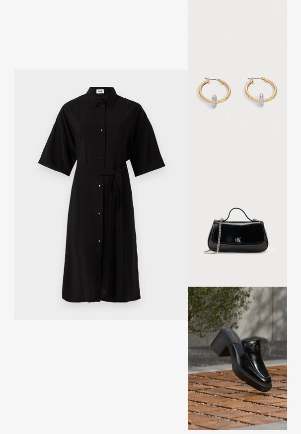 Zwarte shirtjurk van lichtgewicht stof, met een kraag, korte mouwen, knopen aan de voorkant en een bijpassende stoffen riem.; Zwarte leren Calvin Klein slip-on mule met blokhak rustend op houten tegels buiten, vlak bij een groene plant en een grijze muur.; Zwarte leren handtas met een ketting schouderband, gestructureerde vorm en een zilveren logo-accent. Gladde textuur met een flapsluiting.; Paar goudkleurige creolen met kleine zilverkleurige lusdetail op elk, weergegeven tegen een lichtgrijze achtergrond.