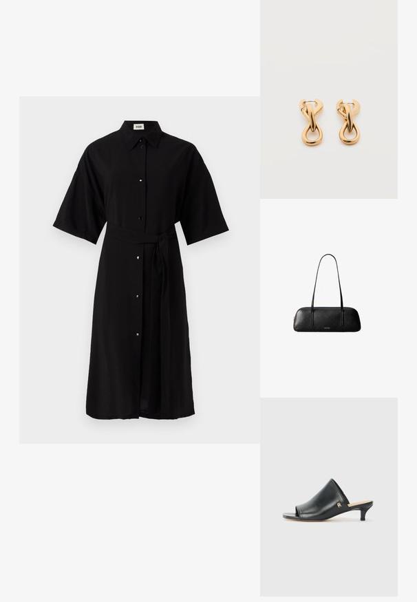 Robe chemise noire en tissu léger, dotée d'un col, de manches courtes, de boutons sur le devant et d'une ceinture en tissu assorti.; Mules ouverts en cuir noir avec un talon bas. Présentent une surface lisse et un accent logo doré sur le côté.; Sac à main rectangulaire en cuir noir avec de longues lanières fines et un logo doré "Calvin Klein" au centre avant.; Paire de boucles d'oreilles créoles en bouclettes dorées brillantes sur fond blanc uni, présentant un design torsadé entrelacé.