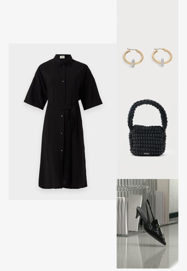 Robe chemise noire en tissu léger, dotée d'un col, de manches courtes, de boutons sur le devant et d'une ceinture en tissu assorti.; Chaussure à talon slingback en cuir noir à bout pointu avec franges et bouton doré, sur un sol réfléchissant près de porte-dossiers métalliques.; Petit sac à main noir matelassé avec une poignée courte rembourrée et une étiquette "HUGO" à l'avant, présenté sur un fond clair uni.; Paire de boucles d'oreilles créoles dorées avec un petit détail boucle ton argent sur chaque, exposées sur fond gris clair.