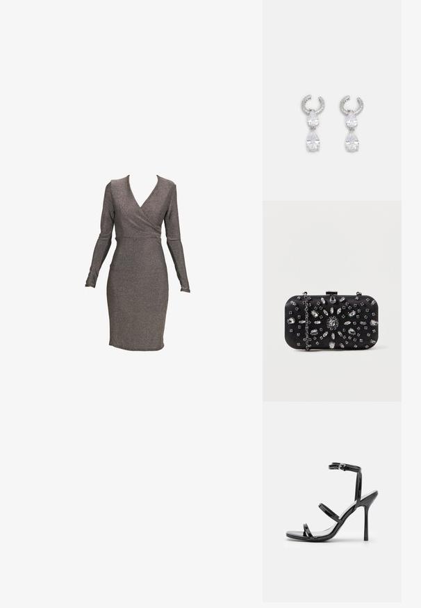 Vestido ajustado de manga larga en tejido metálico gris con diseño envolvente y escote profundo, que presenta una textura suave y una silueta entallada.; Sandalias de tacón alto de charol negro con tres tiras horizontales y una correa en el tobillo ajustable. Silueta elegante y acabado brillante.; Clutch negro de forma rectangular, decorado con varios strass en un patrón floral, con una cadena plateada para llevar.; Pendientes de plata con un diseño de aro texturizado, que presentan dos cristales en forma de lágrima transparente y un cristal cuadrado más pequeño en la parte inferior.