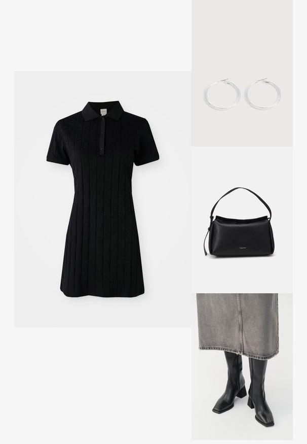 Schwarzes Polokleid mit kurzen Ärmeln, ausgestattet mit einem Kragen und einem strukturierten Muster aus Rauten und Kreisen. Knopfschluss am Hals.; Schwarze knielange Stiefel aus glattem Leder mit quadrater Zehenpartie und Blockabsatz. Getragen mit einem grauen Jeansrock mit ausgefranstem Saum.; Schwarze Lederhandtasche mit geschwungener Form, einem einzigen Tragegurt und einem oberen Reißverschluss. Verfügt über ein dezentes Logo auf der Vorderseite zur Markenidentifikation.; Paar glänzende silberne Creolen mit dünnen Drahtverschlüssen, dargestellt vor einem hellgrauen Hintergrund.