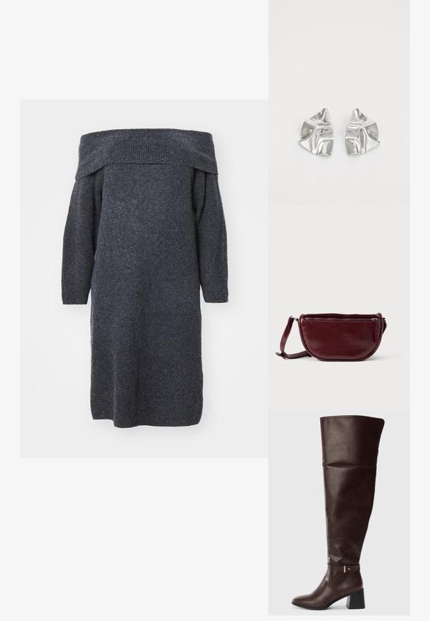 Tummanharmaa neulottu mekko, jossa on off-the-shoulder-malli, pitkät hihat, löysä istuvuus ja ribattu kaula-aukko, esittelee tekstuurillista kangasta.; Tummanruskea polven yli ulottuva nahkasaapas, jossa on paksu korko ja koristeellinen hihnakiinnitys sivussa, esitettynä yksinkertaista vaaleaa taustaa vasten.; Viininpunainen nahkainen käsilaukku, jossa on puolikuun muotoinen muoto, vetoketjullinen suljenta ja irrotettava hihna. Sileä pinta, jossa hienovarainen kiilto.; Hopeakauppaketju, jossa on aaltoileva, veistoksellinen muotoilu ja kiiltävä pinta, esittelee epäsäännöllisiä muotoja, korostaen nykyaikaista estetiikkaa.