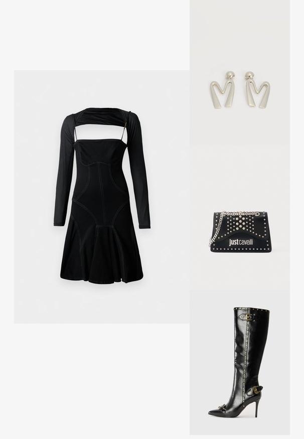 Robe noire à manches longues, corsage ajusté et ourlet évasé. Présente des coutures contrastantes et un design de découpe unique au niveau de l'encolure.; Bottine en cuir noir à talons hauts et à bout pointu, avec des clous dorés le long de la tige, détail de boucle métallique et accent décoratif au talon.; Sac à main Just Cavalli noir avec des clous argentés disposés en motif et une bandoulière chaîne argentée sur fond blanc.; Paire de boucles d'oreilles en métal argenté en forme de lettre M angulaire avec des tiges arrondies sur fond blanc.