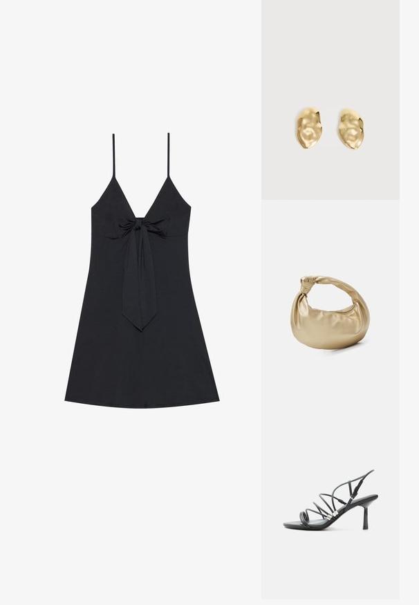 Musthave mustriba must taht peab olema musta, puksi laia, sügava V-kaelusega ja eesnäägiga. Lihtne, sileda kangaga, flööda alt ja õhukeste õlavarre rihmadega.; Mustad kõrged kontsakingad õhukeste kumerate rihmadega, hõbedaste detailide ja reguleeritava pahkluu pandlaga valgel taustal.; Kuldmetallist käekott, millel on siledast ja läikivast tekstuurist pind. Omab sõlmega käepidet ja ümardatud, pehmet kuju. Ülemine osa lukuga suletav.; Paari läikivaid, ebakorrapärase kujuga kuldse metalliga kõrvarõngaid kortsus, sileda pinnaga tavalise heleda taustal.