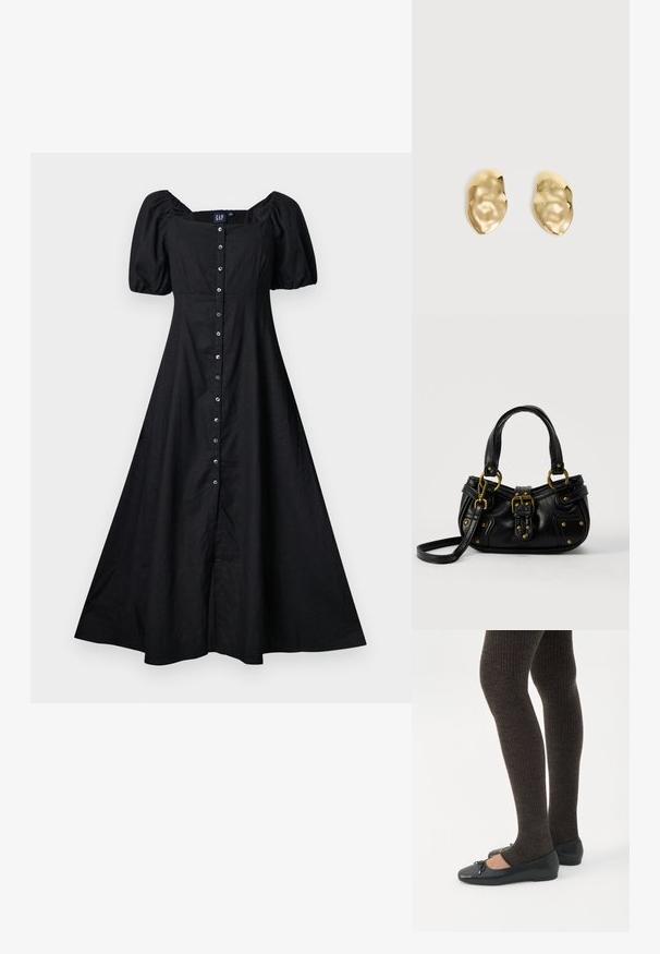 Robe midi noire avec manches bouffantes, encolure carrée et fermeture boutonnée devant, cintrée à la taille avec une jupe évasée.; Jambes portant des leggings côtelés foncés associés à des ballerines noires avec de petits détails en nœud sur fond blanc.; Sac à main en cuir noir avec boucle dorée et détails à rivets, poignées courtes et bandoulière réglable sur fond blanc uni.; Paire de boucles d'oreilles en métal doré brillant, de forme irrégulière, avec une surface froissée et lisse sur un fond clair uni.