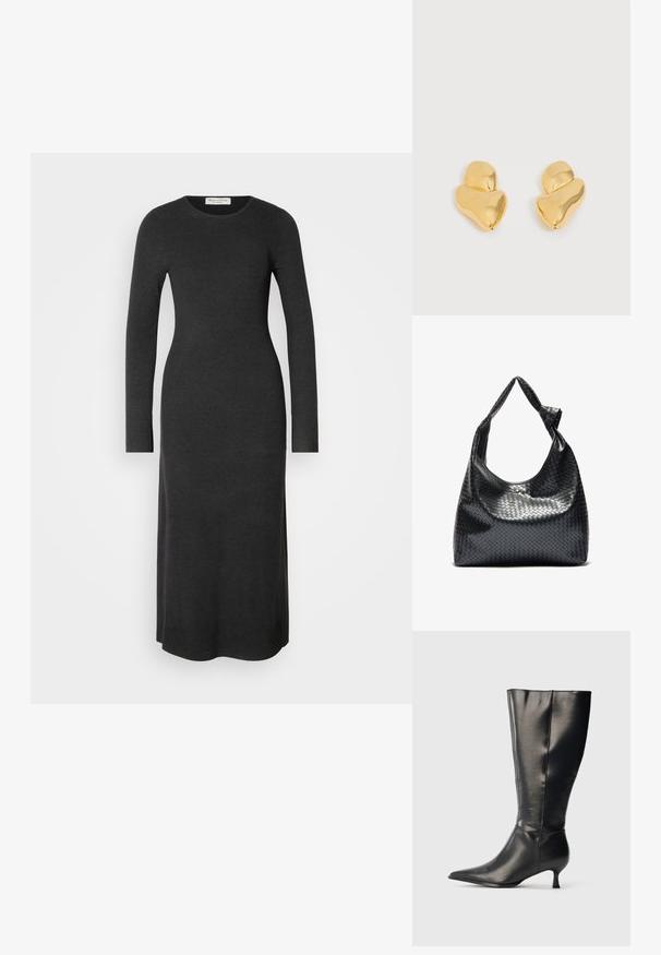 Langärmliges, dunkelgraues Strickkleid mit taillierter Silhouette, rundem Ausschnitt und Seitenschlitzen für Bewegungsfreiheit. Angenehme, glatte Textur.; Schwarzer kniehoher Lederstiefel mit spitzer Zehenpartie und niedrigem Kittenabsatz, präsentiert vor einem schlichten hellen Hintergrund.; Schwarze gewebte Lederhandtasche mit lässigem Design, ausgestattet mit einem geknoteten Trageriemen und einem kleinen dekorativen goldenen Nagel am oberen Rand.; Paar unregelmäßig geformte, abstrakte, polierte goldene Steckohrringe auf weißem Hintergrund.