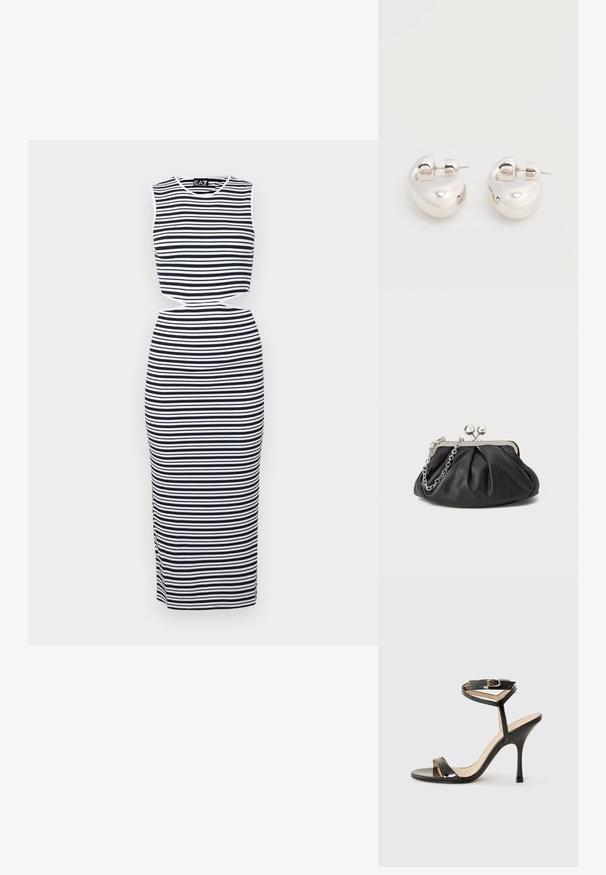 Vestido sin mangas a rayas con rayas horizontales en azul marino y blanco, detalle de cintura con corte y diseño ajustado. Material suave y elástico.; Sandalia de tacón alto de charol negro con tira delgada en el tobillo y hebilla, punta abierta y tacón aguja esbelto sobre fondo blanco.; Clutch de cuero negro con textura arrugada, marco de metal en tono plateado, cierre de beso y cadena para colgar. Superficie suave y lisa.; Par de pendientes llamativos de aro grueso plateado brillante con cierre de poste sobre un fondo blanco liso.