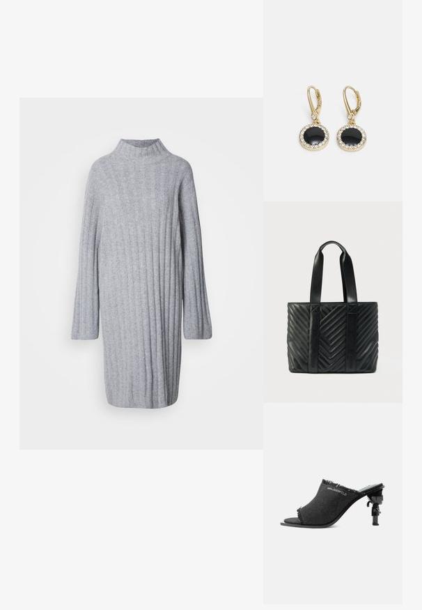 Grau gestricktes Kleid mit hohem Kragen, geriffelter Textur und langen Ärmeln. Weicher Stoff mit lockerer Passform, der bis zur Mitte des Oberschenkels reicht.; Schwarzer Offene-Toe-Mule mit ausgefransten Kanten, „KARL LAGERFELD“-Logo und Absatz in Form einer kleinen stilisierten Figur mit Sonnenbrille und Hut.; Schwarze gesteppte Tragetasche mit Chevron-Muster, flachen Griffen und geprägt seitlichem Branding. Hergestellt aus glattem Leder.; Goldene Creolen mit einem großen schwarzem, runden Mittelpunkt, umgeben von einem Ring aus kleinen klaren Kristallen. Elegantes Design mit glänzendem Finish.
