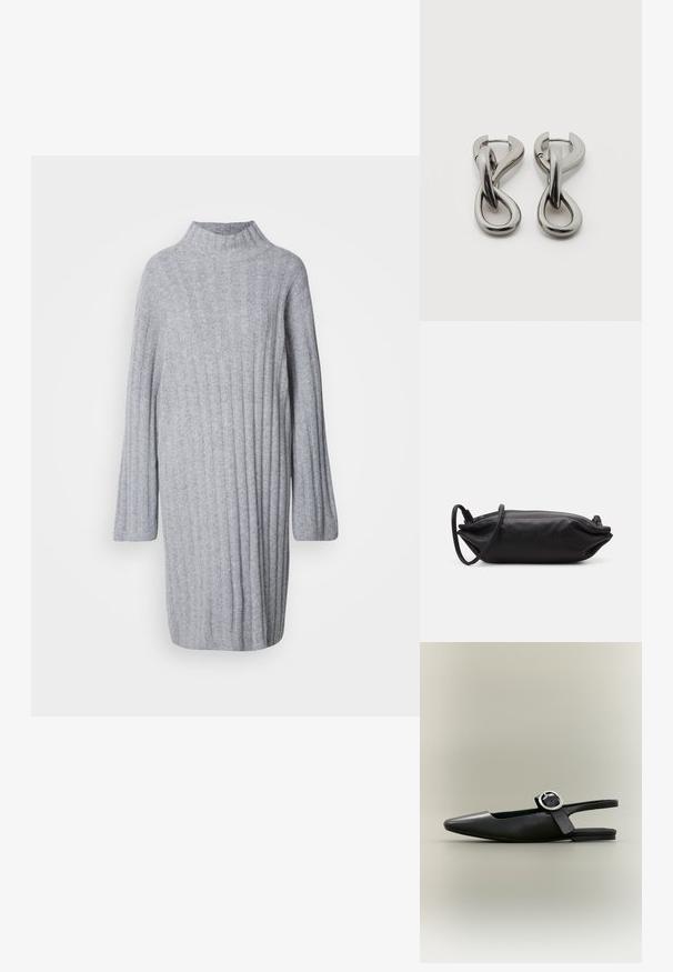 Grau gestricktes Kleid mit hohem Kragen, geriffelter Textur und langen Ärmeln. Weicher Stoff mit lockerer Passform, der bis zur Mitte des Oberschenkels reicht.; Schwarzer spitzer flacher Slingback-Schuh mit silberner Schnalle und niedrigem Absatz auf neutralem Hintergrund.; Schwarze Leder-Clutch mit rechteckiger Form, glatter Textur, dünnem Schulterriemen und minimalistischer Gestaltung.; Paar silberfarbene Metallohrringe mit abstraktem ineinandergreifendem Schlaufen-Design auf weißem Hintergrund.