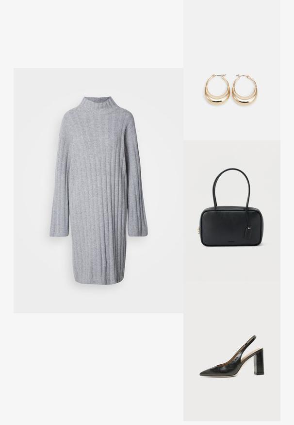 Grijze gebreide jurk met een hoge kraag, geribbeld textuur en lange mouwen. Zachte stof met een comfortabele pasvorm, tot halverwege de dij.; Zwarte leren slingback schoen met spits toelopend neusje, hoge blokhak en beige binnenvoering tegen een effen lichte achtergrond.; Zwarte rechthoekige handtas met dubbele afgeronde handvaten, gouden ritssluiting en geperst "HUGO" logo aan de voorkant met een aangehecht lederen label.; Gouden hoepel oorbellen met een halve maan vorm, gepolijste oppervlakte en scharnier sluiting. De gladde textuur en weerspiegelende afwerking vergroten de zichtbaarheid.