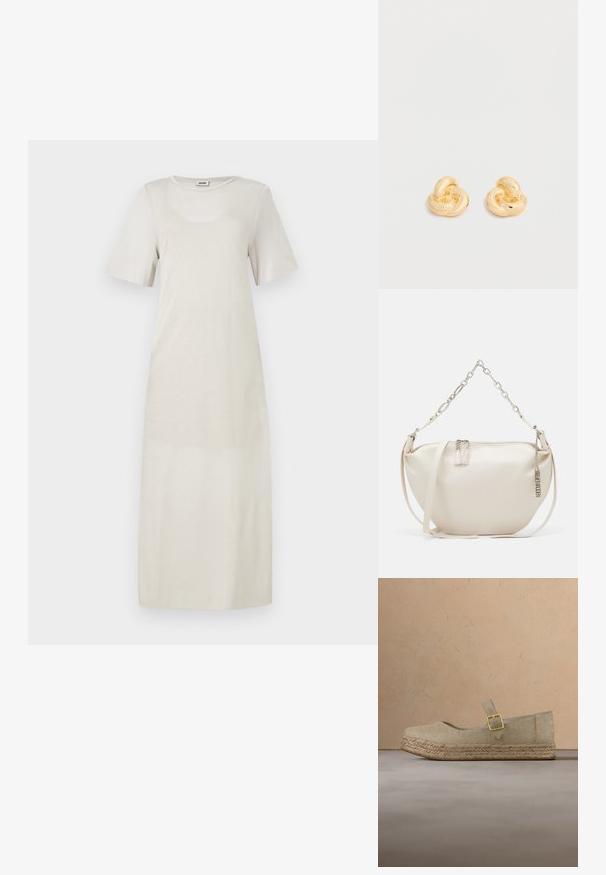 Robe beige clair en tissu doux, avec des manches courtes et un col rond, présentant une silhouette droite jusqu'aux chevilles.; Chaussure Mary Jane en toile beige avec semelle tressée et boucle dorée, flottant au-dessus d'un tapis beige texturé dans une pièce aux tons neutres.; Sac en cuir beige avec une forme incurvée, une bandoulière en chaîne argentée et une fermeture éclair. Dispose de tirettes à double fermeture éclair et d'un charm en métal de la marque.; Paire de clous d'oreilles en forme de nœud, couleur or brillant, sur un fond blanc uni.