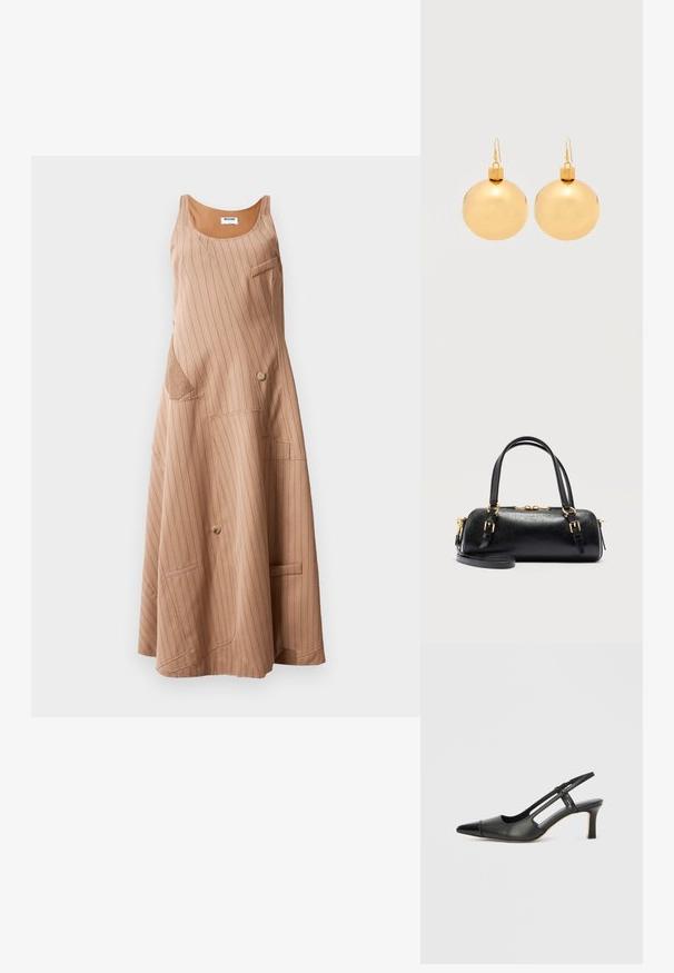 Brun stribet kjole med en afslappet pasform, der har en scoop-udskæring, sidelommer og knapdetaljer. Fremstillet af et blødt stof.; Sort læder slingback-sko med spids tå, der har en blank accent på tåhætten og en mellemhøj hæl. Åben sidesektion.; Sort rektangulær læderhåndtaske med guldspænder, dobbelte håndtag, aftagelig skulderrem og lynlås lukning på hvid baggrund.; Par af skinnende gyldne julekugleøreringe med krog-lukninger på en ensfarvet hvid baggrund.