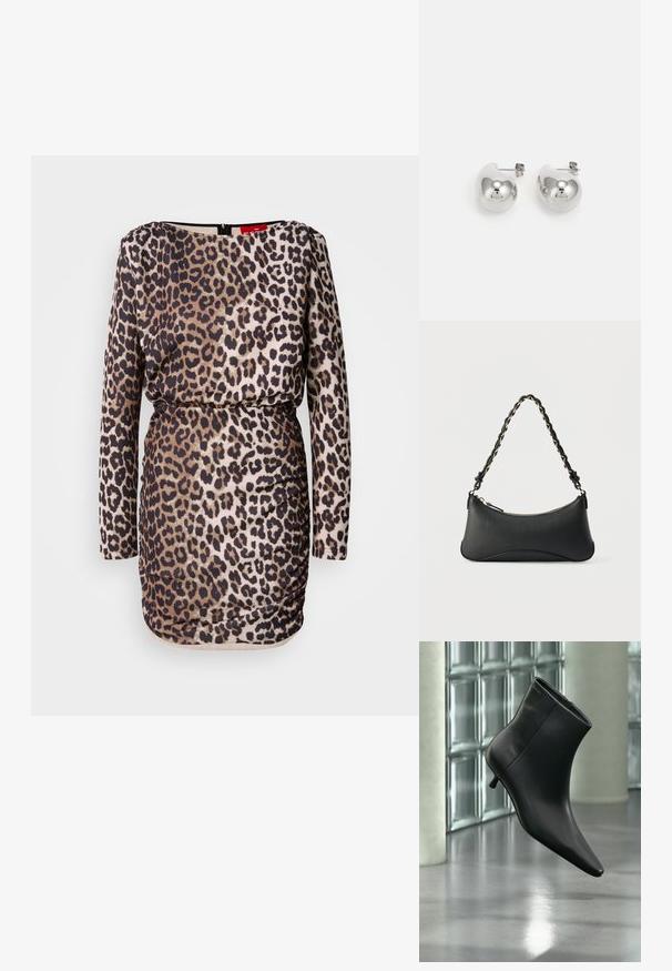 Leopardenmusterkleid mit langen Ärmeln, rundem Ausschnitt, Rüschendetails und taillierter Silhouette. Hergestellt aus glattem, elastischem Stoff.; Schwarzer Leder-Stiefelette mit spitzer Zehenpartie und niedrigem Kitten-Heel, schräg dargestellt vor einem polierten Boden und einer Glasbausteinwand.; Schwarze Lederschultertasche mit gewölbter rechteckiger Form, goldener Kette, die in den geflochtenen schwarzen Riemen eingewebt ist, und Reißverschlussverschluss oben.; Silberne Tropfohrringe mit abgerundeten, reflektierenden Oberflächen; minimalistisches Design mit glatter Textur und subtilen Brandingdetails.