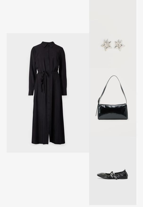 Vestido negro de manga larga con botones y cuello, cinturón de lazo en la cintura y una silueta recta. Confeccionado en una tela suave y texturizada.; Zapato plano de piel negra con puntera afilada, detalle fruncido alrededor de la abertura y un acento de hebilla plateada en la correa ajustable.; Bolso de hombro rectangular negro con una correa ajustable y un cierre de cremallera superior sobre un fondo liso.; Pendientes de aro plateados en forma de estrella con un acabado liso y pulido sobre un fondo blanco liso.