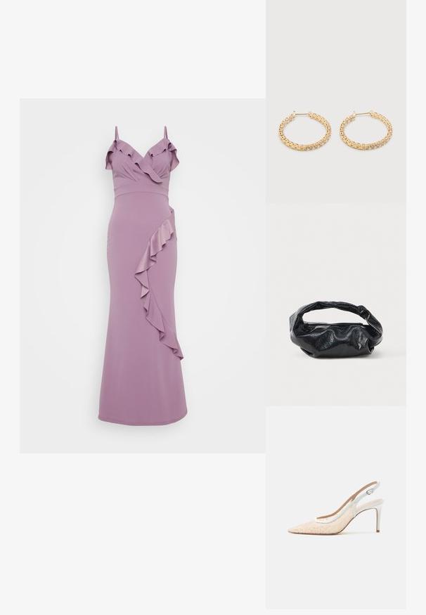 Lilla kjole med spaghetti stropper, der har en volangkrave og en diagonal volangdetalje langs siden. Glat, tætsiddende silhuet.; Beige spids tå slingback højhælet sko med hvidt blomsterblonde overlay og hvid justerbar ankelrem.; Sort taske lavet af blankt, tekstureret materiale med et cirkulært, snoet håndtag og lynlås. Har et blødt, rynket design.; Par guldcreoler med klare, runde ædelstene, vist på en ensfarvet hvid baggrund.