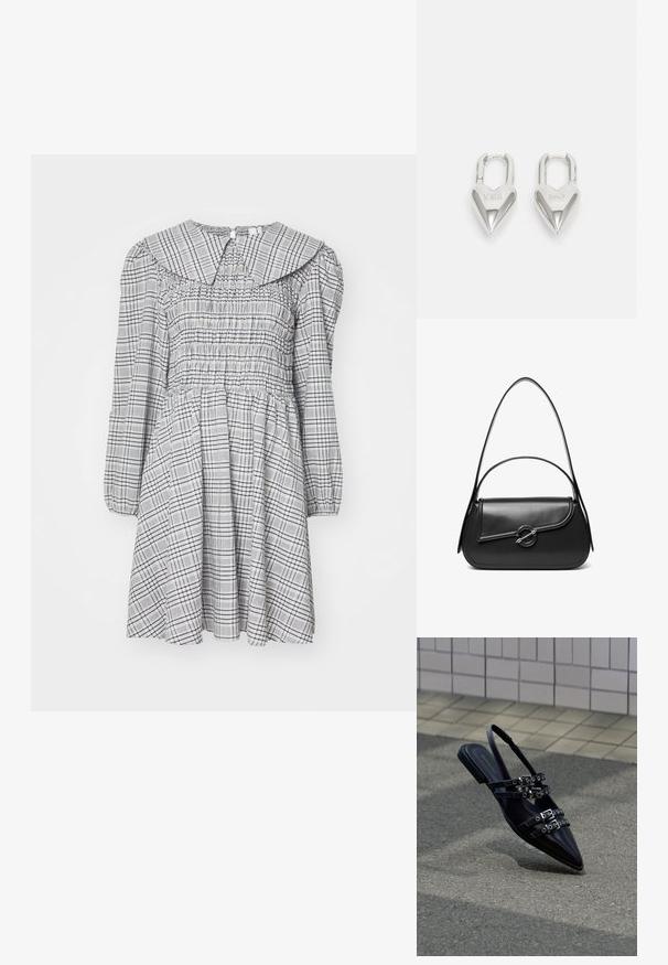 Smocked kjole med lange ærmer, rund krave, grå og hvid ternet mønster, let stof og samlet talje for en udsvinget silhuet.; Sort flad sandal med spids tå, flere remme med spænder og slingback, placeret over et belagt underlag og flisevæg som baggrund.; Sort skuldertaske i læder med en buet klap, der er fastgjort med en rund metal spænde, og en slank, justerbar rem.; Sølv hjerteformede hængelåse med indgraveret "JA" og "NEJ" tekst, poleret finish, symmetrisk design og en robust metalklap.