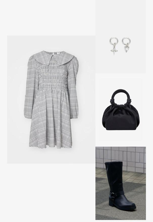 Vestido smock con mangas largas, cuello redondo, patrón a cuadros en gris y blanco, tela ligera y cintura fruncida para una silueta acampanada.; Bota negra de cuero hasta la mitad de la pantorrilla con un tacón bajo de bloque y una correa decorativa con hebilla metálica alrededor del tobillo, sobre un pavimento de baldosas.; Bolso de mano de tela negra suave con parte superior fruncida y asas acolchadas circulares atadas con nudos a cada lado.; Pendientes de aro de plata con un charm de cruz y corazón. Textura suave y brillante con un acabado pulido. Cada charm cuelga de un lazo seguro.