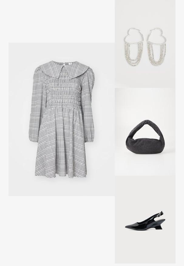 Smocked kjole med lange ærmer, rund krave, grå og hvid ternet mønster, let stof og samlet talje for en udsvinget silhuet.; Sort laklæder slingback sko med spids tå og lav vinklet blokhæl på ensartet lys baggrund.; Mørkegrå stofpose med et buet håndtag, blød tekstur og rund form. Ingen synligt hardware eller pynt.; Sølv hoops i hjerteform, prydet med hængende strenge af klare rhinsten for ekstra glans og struktur.