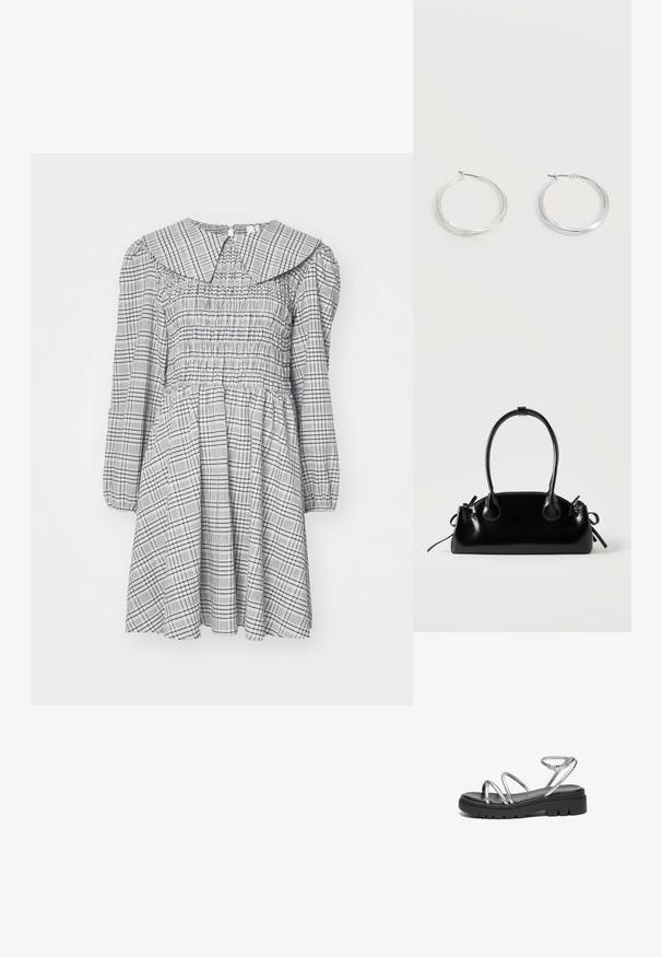 Vestido smock con mangas largas, cuello redondo, patrón a cuadros en gris y blanco, tela ligera y cintura fruncida para una silueta acampanada.; Sandalias de tiras metálicas plateadas con una suela negra gruesa, que cuentan con múltiples tiras delgadas y una hebilla ajustable en el tobillo.; Pequeño bolso negro brillante con dos asas largas y detalles de cordón lateral sobre un fondo claro liso.; Pendientes de aro de metal plateado con superficie lisa y ligeramente curvada y cierre de tipo mosquetón sobre un fondo blanco liso.