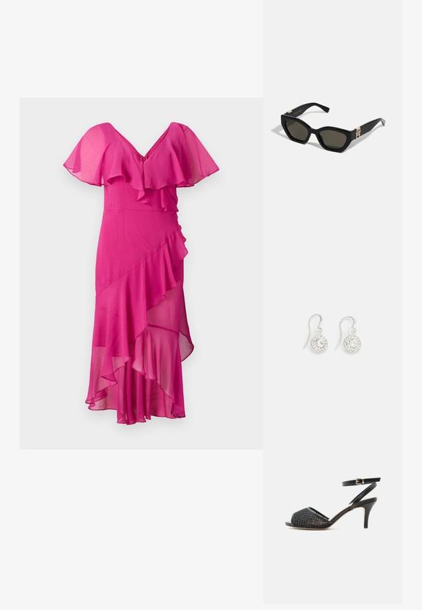 Fuchsia kjole med V-udskæring, flagrende ærmer og lagdelte volanger. Fremstillet af letvægtsstof, med asymmetrisk kant og struktureret fald.; Sort åbentået højhælet sandal med mesh og nitte-detaljer, tynd ankelrem og guldbeslaglåsning på hvid baggrund.; Tommy Hilfiger Solbriller - black; Sølvfarvede hængende øreringe med cirkulært design, der har en center klar rhinsten omgivet af mindre rhinsten.