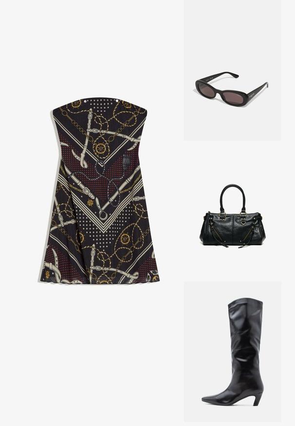 Robe noire sans bretelles à pois rouges, ceintures blanches, chaînes dorées, cordes nautiques et motifs de roue de navire.; Botte noire en cuir montant jusqu'au genou avec un bout pointu et un talon modéré et incliné. Elle présente une texture lisse et brillante avec un design simple.; Lunettes de soleil noires avec des montures ovales, des verres teintés foncés et "vogue" imprimé en blanc sur les branches extérieures. Matériau en plastique lisse.; Sac à main en cuir noir avec deux anses, deux poches zippées inclinées avec des pompons, et des anneaux et clous en métal doré.