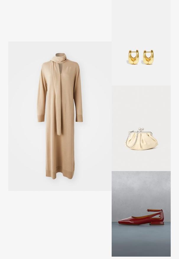 Vestido de punto beige con mangas largas, escote en V y bufanda adjunta. Silueta recta y puños acanalados; textura suave con detalles mínimos.; Bailarina roja brillante con correa en el tobillo flotando sobre un bloque de madera y una superficie de guijarros al aire libre, con arbustos verdes desenfocados y piedra al fondo.; Clutch de cuero beige plisado con un marco de metal plateado, que cuenta con dos broches decorativos redondos y una correa de cadena plateada.; Pendientes de aro de oro con un diseño elegante y redondeado. Presentan un centro hueco y una superficie brillante, complementando estilos modernos.