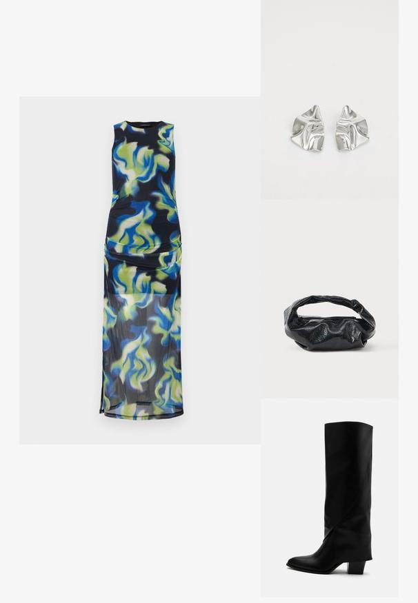 Robe maxi sans manches avec corsage ajusté et jupe transparente, présentant un motif abstrait de spirales bleues, vertes et jaunes sur fond noir.; Botte haute en cuir noir avec couture inclinée, bout pointu et talon épais de taille moyenne sur fond blanc.; Sac noir en matériau texturé et brillant avec une poignée circulaire torsadée et une fermeture éclair. Présente un design doux et froissé.; Boucles d'oreilles en métal argenté avec un design ondulé et sculptural, présentant une finition polie et des formes irrégulières, mettant en valeur une esthétique contemporaine.
