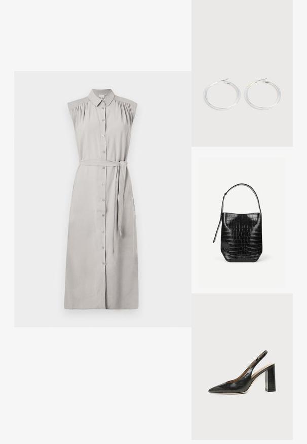 Robe shirt sans manches gris clair avec un devant boutonné, des détails froncés aux épaules, une ceinture à la taille et une coupe droite. Texture de tissu lisse.; Chaussure slingback en cuir noir à bout pointu avec un talon bloc haut et une doublure intérieure beige sur un fond clair uni.; Sac seau en cuir embossé noir façon croco avec une seule bandoulière et un petit logo argenté de la marque au centre en bas à l'avant.; Paire de boucles d'oreilles créoles argentées brillantes avec fermoirs en fil fin, présentée sur un fond gris clair.
