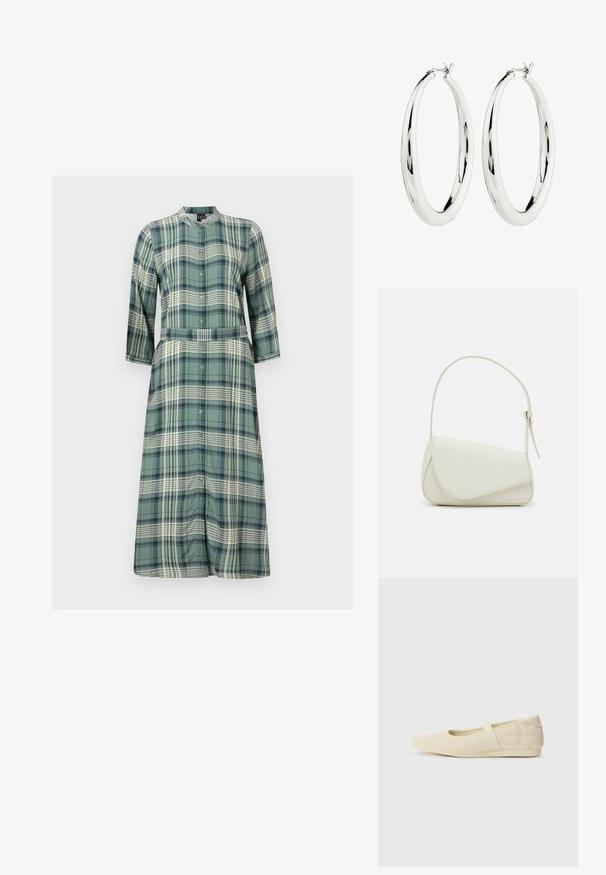 Largo vestido de cuadros en verde, con botonadura frontal, cuello, mangas tres cuartos y un cinturón en la cintura. Textura de tela suave.; Bailarinas beige con un exterior de cuero liso, punta en forma de almendra y una correa elástica en el empeine, con detalles de costura sutiles.; Bolso de mano de imitación cuero blanco con una forma triangular estructurada, correa ajustable única y cierre con solapa acentuada en curva.; Pendientes de aro de plata con una superficie lisa y reflectante. Forma redonda y grande con un cierre seguro en la parte superior. El acabado pulido resalta el brillo.