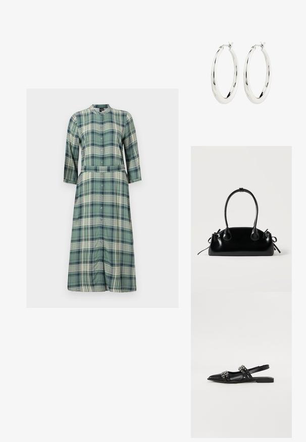 Largo vestido de cuadros en verde, con botonadura frontal, cuello, mangas tres cuartos y un cinturón en la cintura. Textura de tela suave.; Even&Odd by Zalando Bailarinas con tira trasera - black; Pequeño bolso negro brillante con dos asas largas y detalles de cordón lateral sobre un fondo claro liso.; Pendientes de aro de plata con un acabado suave y brillante. Forma circular, con un cierre seguro. Diseño sencillo y elegante.
