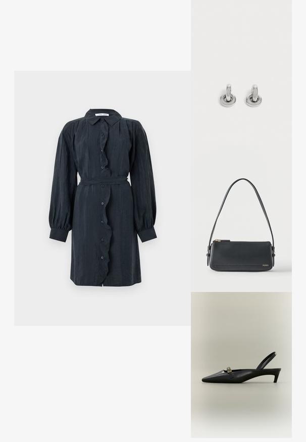 Robe noire à manches longues et à boutons avec un plastron volanté et une taille ceinturée. Fabriquée en tissu texturé, comportant des manches bouffantes et un col classique.; Escarpin slingback en cuir noir avec talon kitten, bout pointu et petite boucle dorée sur un fond uni.; Sac à bandoulière rectangulaire en cuir noir avec fermeture éclair dorée et petit logo "HUGO" doré sur le devant, doté d'une sangle réglable avec boucle.; Paire de petites boucles d'oreilles créoles argentées brillantes avec une base ronde, présentées sur un fond clair uni.