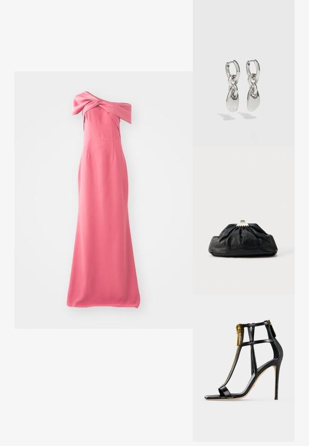 Lang pink kjole med off-the-shoulder design, der har en knyttet detalje ved udskæringen og en glat, svævende stof.; Sort højhælet sandal med tynde remme, firkantet tå og en foran guld lynlåsdetalje på en lys baggrund.; Sort læderclutch med en samlet tekstur, metal lukning og diskret præget logo på forsiden. Rundet form.; Sølvøreringe med forlængede ovale led, der har en poleret overflade og en struktureret dråpevedhæng. Enkel design med glatte kanter.