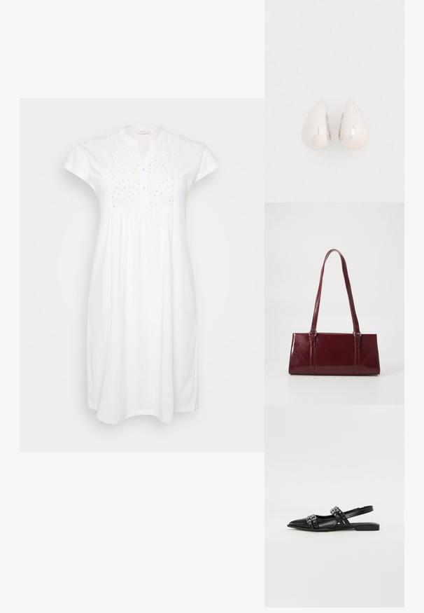 Witte katoenen jurk met korte mouwen, knoopsluiting en geborduurde gaatjesdetails op het lijfje. Glad textuur, losse pasvorm.; Even&Odd by Zalando Slingback ballerina´s - black; Bourgondische handtas van glanzend materiaal, rechthoekige vorm, met twee schouderbanden en subtiele gebogen accenten aan de voorkant.; Zilveren metalen druppeloorbellen met een gladde, reflecterende oppervlakte en een druppelvorm, voorzien van een naadloos ontwerp en zonder zichtbare versieringen.