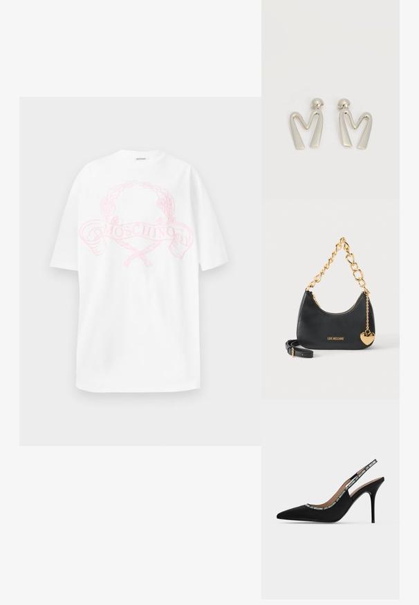 Hvid bomulds t-shirt med et pink grafisk design, der viser en laurbærkrans og teksten "MOSCHINO" centreret på forsiden. Korte ærmer, afslappet pasform.; Sort spids tå slingback stilet hæl sko med tynd stilet hæl og "LOVE MOSCHINO" tekst på remmen og kanten.; Sort Moschino håndtaske med chunky guldkæde som håndtag, skulderrem og gyldt hjertevedhæng mod en hvid baggrund.; Par sølvtonede metaleøreringe formet som den kantede bogstav M med runde fester på en hvid baggrund.