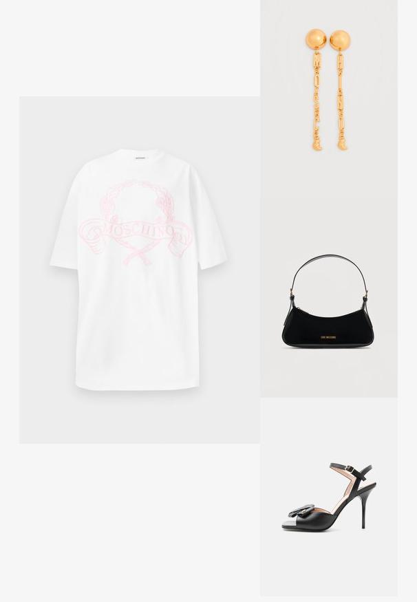 Hvid bomulds t-shirt med et pink grafisk design, der viser en laurbærkrans og teksten "MOSCHINO" centreret på forsiden. Korte ærmer, afslappet pasform.; Sort højhælet sandal med ankelrem, åben tå og dekorativ sløjfe med guldfarvet accent på ensfarvet baggrund.; Sort skuldertaske i laklæder med buet form, guld "LOVE MOSCHINO" logo på forsiden og justerbar rem med gulddetaljer.; Guldøreringe med kugleformede nitter og lange kæder med bogstaver, der staver "MOSCOW." Charmerende skaller som accenter i bunden.