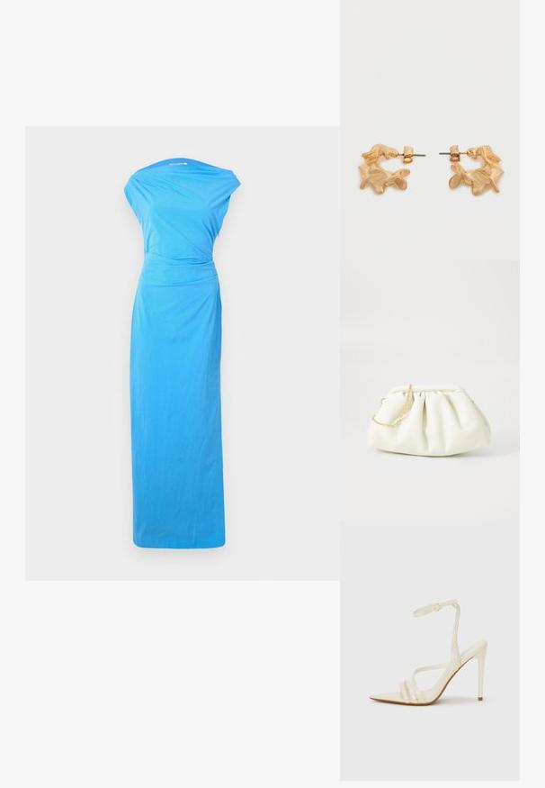 Langes blaues Kleid mit gerafftem Ausschnitt, taillierter Passform und fließendem Rock, gefertigt aus einem glatten Stoff.; Beige Sandaletten mit hohem Absatz und spitzer Schuhspitze, ausgestattet mit drei vorderen Riemen und einem dünnen Knöchelriemen mit Schnalle. Glatte Textur, minimalistisches Design.; Weiße Lederhandtasche mit einem gerafften Design, ausgestattet mit einem goldenen Kettenriemen und einer runden Form. Glatte Textur mit sanften Falten und ohne Muster.; Ohrstecker in Goldoptik mit abstrakter, organischer Form, die eine strukturierte Oberfläche und einen Steckverschluss aufweisen.